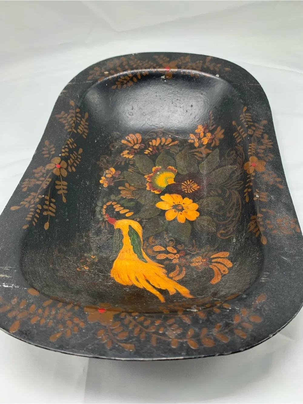 Hand-Painted Floral Black Decorative metal Tray with Yellow Accents